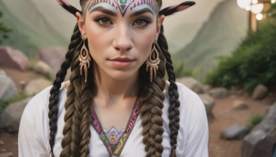 1girl,solo,long hair,looking at viewer,brown hair,shirt,black hair,brown eyes,jewelry,closed mouth,white shirt,upper body,braid,earrings,outdoors,day,necklace,blurry,twin braids,lips,eyelashes,makeup,depth of field,blurry background,feathers,portrait,hair over shoulder,freckles,rock,realistic,nose,feather hair ornament,multiple braids,hair ornament