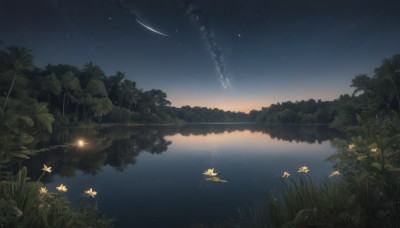 flower,outdoors,sky,cloud,water,tree,no humans,night,grass,plant,star (sky),nature,night sky,scenery,forest,starry sky,reflection,lake,shooting star,star (symbol),yellow flower,fireflies,reflective water