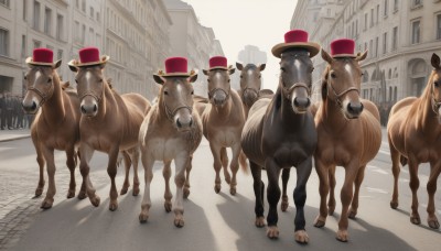 hat,outdoors,day,no humans,shadow,animal,building,scenery,red headwear,top hat,city,road,animal focus,horse,street,cow