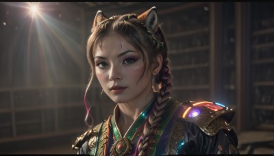 1girl,solo,long hair,looking at viewer,smile,brown hair,black hair,hair ornament,animal ears,brown eyes,jewelry,closed mouth,upper body,braid,multicolored hair,earrings,artist name,indoors,cat ears,armor,mole,blurry,black eyes,lips,eyelashes,single braid,makeup,depth of field,blurry background,lipstick,gem,portrait,forehead,eyeshadow,freckles,realistic,nose,bookshelf,red lips,eyeliner,blush,parted lips,animal ear fluff,extra ears,library