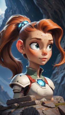 1girl,solo,long hair,breasts,smile,blue eyes,brown hair,hair ornament,gloves,jewelry,upper body,ponytail,earrings,small breasts,outdoors,orange hair,armor,mole,lips,shoulder armor,forehead,freckles,pauldrons,breastplate,stud earrings,hair pulled back,green eyes,red hair,bodysuit,nose,shoulder pads