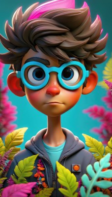 solo,looking at viewer,short hair,blue eyes,brown hair,shirt,1boy,closed mouth,jacket,upper body,flower,male focus,outdoors,glasses,artist name,hood,blurry,hoodie,leaf,watermark,blue background,hood down,blue shirt,plant,spiked hair,goggles,child,zipper,freckles,male child,badge,button badge,thick eyebrows,web address,zipper pull tab,blue hoodie