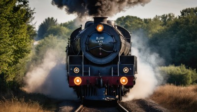 outdoors,day,cloud,tree,military,no humans,grass,ground vehicle,nature,scenery,motor vehicle,forest,smoke,military vehicle,vehicle focus,fog,sky,cloudy sky,clock,bush,train,railroad tracks