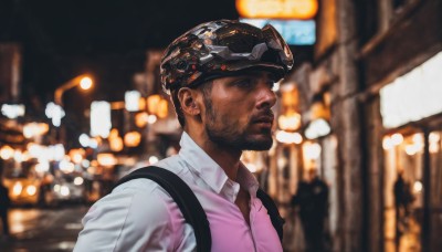 solo,short hair,shirt,black hair,1boy,white shirt,upper body,male focus,outdoors,collared shirt,dark skin,blurry,black eyes,vest,from side,night,depth of field,blurry background,facial hair,dark-skinned male,helmet,goggles,building,beard,city,realistic,city lights,brown hair,closed mouth,lips,dress shirt,science fiction,black vest,mustache