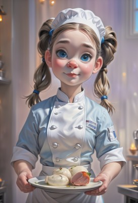 1girl,solo,long hair,breasts,looking at viewer,blush,smile,blue eyes,blonde hair,brown hair,holding,twintails,closed mouth,upper body,braid,food,indoors,blurry,apron,twin braids,lips,maid,maid headdress,window,buttons,depth of field,blurry background,plate,hair tie,red lips,female child,holding plate,chef,fruit,thick eyebrows,tray,freckles,realistic,nose,name tag,holding tray