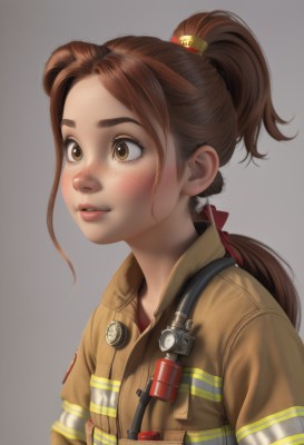 1girl,solo,long hair,blush,simple background,brown hair,hair ornament,brown eyes,jacket,upper body,ponytail,parted lips,grey background,uniform,lips,military,freckles,nose,bangs,teeth,blurry,eyelashes,pocket,realistic,hair tie,patch