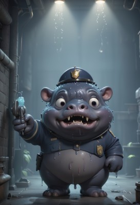 solo,looking at viewer,smile,open mouth,1boy,hat,holding,standing,full body,weapon,male focus,teeth,uniform,wet,fangs,plant,furry,blue headwear,lamp,furry male,police,police uniform,police hat,alley,flashlight,artist name,water,black eyes,no humans,leaf,sharp teeth,zipper,water drop,walkie-talkie