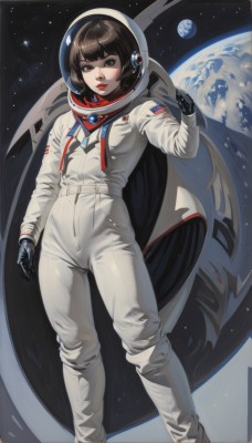 1girl,solo,breasts,looking at viewer,short hair,bangs,brown hair,black hair,gloves,brown eyes,standing,full body,small breasts,black gloves,blunt bangs,lips,helmet,space,planet,earth (planet),spacecraft,spacesuit,space helmet,astronaut,boots,parted lips,makeup,moon,bob cut,lipstick,star (sky),realistic,red lips