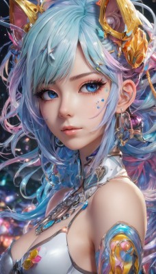 1girl,solo,long hair,breasts,looking at viewer,bangs,blue eyes,hair ornament,animal ears,cleavage,bare shoulders,jewelry,medium breasts,closed mouth,blue hair,upper body,multicolored hair,earrings,necklace,blurry,lips,eyelashes,gradient hair,makeup,swept bangs,headgear,facial mark,gem,pink lips,nose,mascara,pink hair,sidelocks,detached sleeves,shiny,artist name,from side,looking to the side,detached collar,feathers,portrait,light particles,close-up