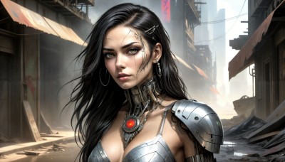 HQ,1girl,solo,long hair,breasts,looking at viewer,large breasts,black hair,hair ornament,cleavage,brown eyes,jewelry,medium breasts,yellow eyes,upper body,earrings,outdoors,parted lips,day,hairclip,necklace,armor,lips,shoulder armor,building,science fiction,pauldrons,hoop earrings,realistic,nose,ruins,cyborg,cyberpunk,signature,mole,collar,eyelashes,makeup,chain,scar,wind,pendant,bikini armor