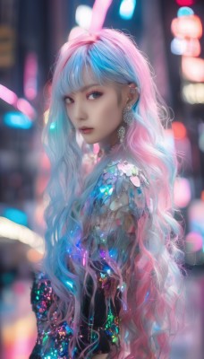 1girl,solo,long hair,looking at viewer,bangs,blue eyes,dress,jewelry,closed mouth,blue hair,upper body,pink hair,multicolored hair,hairband,earrings,looking back,blurry,two-tone hair,lips,looking to the side,grey eyes,makeup,depth of field,blurry background,wavy hair,piercing,ear piercing,realistic,nose,bokeh,neon lights,very long hair,white hair,artist name,from side,see-through,eyelashes,watermark,pink lips