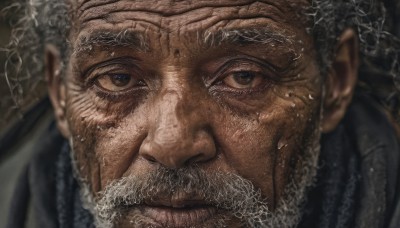 solo,looking at viewer,1boy,brown eyes,closed mouth,white hair,grey hair,male focus,facial hair,portrait,beard,close-up,realistic,mustache,old,old man,wrinkled skin,sweat,blurry,manly