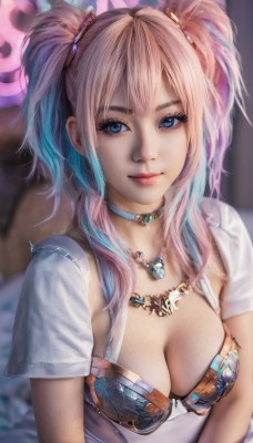 1girl,solo,long hair,breasts,looking at viewer,smile,bangs,blue eyes,blonde hair,large breasts,shirt,hair ornament,cleavage,twintails,jewelry,medium breasts,closed mouth,underwear,blue hair,white shirt,upper body,pink hair,short sleeves,sidelocks,multicolored hair,choker,necklace,bra,blurry,two-tone hair,lips,eyelashes,makeup,depth of field,blurry background,pendant,realistic,nose,mascara,swimsuit,bikini,open clothes,artist name,bed,gradient hair,watermark,lipstick,gem,pink lips