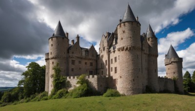 outdoors,sky,day,cloud,water,tree,blue sky,no humans,cloudy sky,grass,building,nature,scenery,forest,castle,tower,landscape,mountain,fantasy,horizon,path