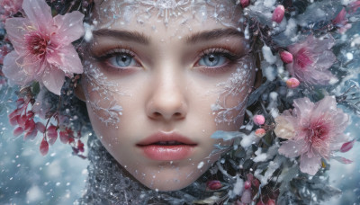 1girl, solo, looking at viewer, blue eyes, hair ornament, flower, parted lips, hair flower, lips, eyelashes, makeup, portrait, snow, close-up, snowing, realistic, nose, snowflakes