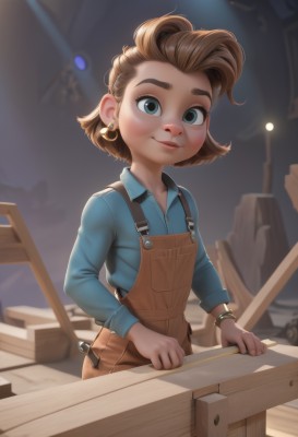 1girl,solo,looking at viewer,smile,short hair,blue eyes,brown hair,shirt,hair ornament,long sleeves,jewelry,closed mouth,standing,earrings,outdoors,collared shirt,artist name,blurry,flat chest,bracelet,lips,night,blurry background,thick eyebrows,blue shirt,child,female child,overalls,blue overalls,aged down,nose