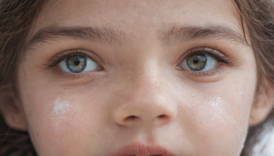 1girl, solo, looking at viewer, brown hair, brown eyes, closed mouth, lips, eyelashes, portrait, close-up, freckles, realistic, eye focus