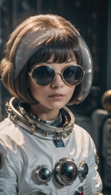 1girl,solo,looking at viewer,short hair,bangs,brown hair,black hair,upper body,parted lips,glasses,artist name,blurry,black eyes,lips,depth of field,blurry background,sunglasses,bob cut,goggles,realistic,nose,round eyewear,spacesuit,space helmet,aviator sunglasses,astronaut,headgear,watermark,science fiction,space,yellow-framed eyewear