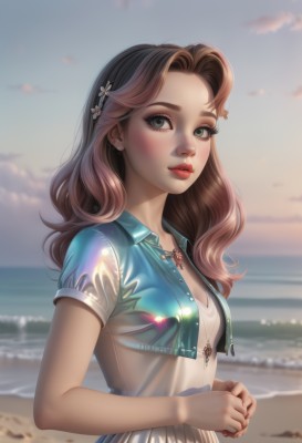 1girl,solo,long hair,breasts,looking at viewer,blush,brown hair,shirt,hair ornament,dress,cleavage,jewelry,green eyes,jacket,upper body,flower,short sleeves,multicolored hair,earrings,small breasts,outdoors,parted lips,open clothes,sky,day,artist name,cloud,hair flower,water,necklace,nail polish,white dress,blurry,open jacket,lips,see-through,eyelashes,makeup,depth of field,blurry background,ocean,wavy hair,beach,piercing,own hands together,lipstick,freckles,cropped jacket,sunset,nose,sand,red lips,mascara,denim jacket,black hair,medium breasts,hairclip,watermark