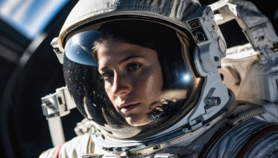 1girl,solo,looking at viewer,blue eyes,black hair,1boy,closed mouth,blurry,black eyes,lips,blurry background,helmet,portrait,reflection,science fiction,realistic,nose,space,planet,spacesuit,space helmet,astronaut,male focus,star (sky),earth (planet)