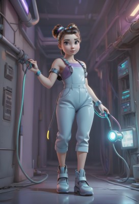 1girl,solo,looking at viewer,smile,short hair,brown hair,hair ornament,holding,bare shoulders,brown eyes,jewelry,standing,full body,small breasts,boots,shoes,indoors,bag,hair bun,nail polish,black eyes,flat chest,bracelet,lips,double bun,backpack,suspenders,sneakers,science fiction,overalls,cable,wire,breasts,pants,tank top,aged down,child,armband,female child