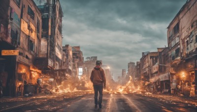 solo,short hair,1boy,hat,standing,jacket,male focus,outdoors,multiple boys,sky,day,pants,cloud,hood,from behind,hoodie,cloudy sky,fire,ground vehicle,building,scenery,motor vehicle,smoke,walking,6+boys,city,sign,hands in pockets,car,road,cityscape,street,people,helmet,road sign,ambiguous gender,truck