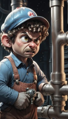 solo,short hair,brown hair,shirt,gloves,long sleeves,1boy,hat,holding,brown eyes,yellow eyes,upper body,male focus,teeth,collared shirt,night,blue shirt,blue headwear,curly hair,realistic,nose,overalls,male child,industrial pipe,blue overalls,blush,frown,star (sky),angry,serious,deviantart username