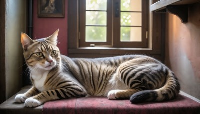 HQ,looking at viewer,closed mouth,full body,lying,day,indoors,pillow,no humans,window,animal,sunlight,cat,on stomach,realistic,animal focus,picture frame,whiskers,painting (object),closed eyes,signature,on side,sleeping,paw print