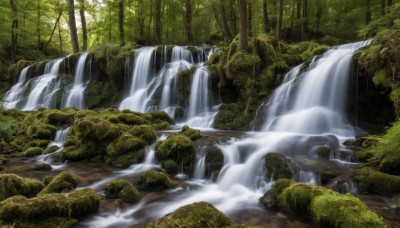 outdoors,day,water,tree,no humans,sunlight,nature,scenery,forest,rock,river,waterfall,landscape,artist name,signature,moss,stream