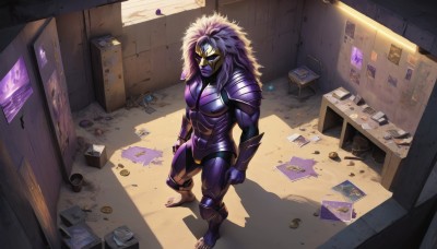 solo,long hair,looking at viewer,1boy,standing,full body,male focus,barefoot,teeth,indoors,armor,book,fur trim,mask,muscular,glowing,colored skin,from above,muscular male,shoulder armor,gem,box,clenched hand,glowing eyes,clenched hands,breastplate,card,photo (object),purple skin,coin,shelf,shadow,blue skin,money