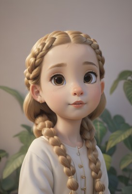 1girl,solo,long hair,looking at viewer,smile,blonde hair,brown hair,shirt,twintails,brown eyes,jewelry,closed mouth,white shirt,upper body,braid,earrings,blurry,twin braids,lips,blurry background,leaf,plant,child,hair over shoulder,forehead,freckles,female child,stud earrings,parted lips,food,grey background,eyelashes,buttons,fruit,depth of field,thick eyebrows,realistic,strawberry,nose