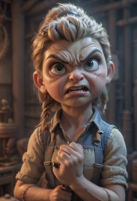 1girl,solo,long hair,looking at viewer,open mouth,blonde hair,shirt,jewelry,green eyes,upper body,braid,short sleeves,earrings,teeth,indoors,mole,blurry,twin braids,mole under eye,depth of field,blurry background,ring,suspenders,clenched hand,child,angry,freckles,realistic,female child,overalls,dirty,lips,fangs,watermark,aged down,clenched teeth,zipper,biting,stitches