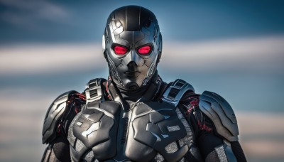 solo,looking at viewer,red eyes,1boy,upper body,male focus,armor,blurry,mask,blurry background,glowing,helmet,robot,glowing eyes,science fiction,straight-on,power armor,tokusatsu,no humans,portrait,realistic,android