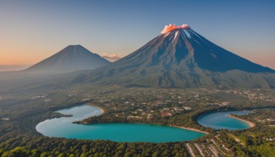 outdoors,sky,day,cloud,water,tree,blue sky,no humans,nature,scenery,forest,reflection,sunset,mountain,fantasy,river,landscape,mountainous horizon,lake,building,city,sun,bridge,sunrise,mount fuji