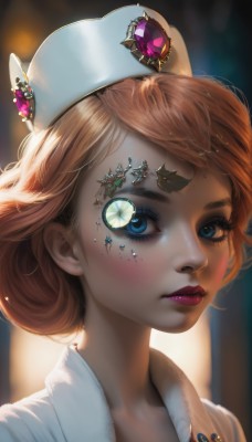 1girl,solo,looking at viewer,blush,short hair,blue eyes,blonde hair,brown hair,hair ornament,hat,jewelry,closed mouth,parted lips,artist name,orange hair,blurry,lips,eyelashes,makeup,blurry background,white headwear,lipstick,gem,portrait,eyeshadow,freckles,crystal,realistic,nose,nurse cap,red lips,fur hat,mascara,heart