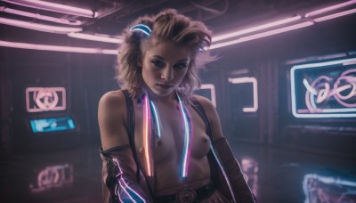 1girl,solo,long hair,breasts,looking at viewer,bangs,blonde hair,brown hair,hair ornament,gloves,bare shoulders,nipples,upper body,small breasts,detached sleeves,open clothes,elbow gloves,belt,indoors,dark skin,dark-skinned female,lips,freckles,nose,dreadlocks,neon lights,blue eyes,shirt,medium breasts,mole,vest,open shirt,no bra,topless,science fiction,curly hair,realistic,open vest