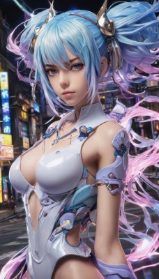 1girl,solo,long hair,breasts,looking at viewer,bangs,blue eyes,large breasts,hair ornament,cleavage,bare shoulders,twintails,medium breasts,blue hair,pink hair,multicolored hair,outdoors,parted lips,leotard,lips,clothing cutout,bodysuit,gradient hair,night,headgear,building,science fiction,city,realistic,white leotard,jewelry,upper body,necklace,armlet