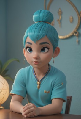 1girl,solo,looking at viewer,short hair,bangs,blue eyes,shirt,jewelry,sitting,closed mouth,blue hair,upper body,short sleeves,earrings,indoors,necklace,hair bun,blurry,lips,fingernails,eyelashes,aqua hair,blurry background,chair,table,single hair bun,thick eyebrows,own hands together,blue shirt,plant,t-shirt,child,pendant,freckles,hoop earrings,realistic,nose,female child,artist name,aged down