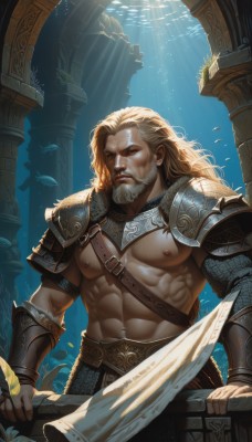 solo,long hair,looking at viewer,blonde hair,1boy,navel,holding,closed mouth,nipples,closed eyes,weapon,white hair,male focus,belt,artist name,armor,muscular,facial hair,leaf,scar,abs,sunlight,thick eyebrows,pectorals,muscular male,shoulder armor,gauntlets,bara,beard,scar on face,fish,large pectorals,pauldrons,topless male,light rays,mature male,underwater,realistic,mustache,scar across eye,vambraces,bracer,manly,bare pectorals,sunbeam,harness,chest hair,pillar,chest harness,lips,air bubble,aquarium