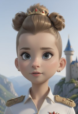 1girl,solo,looking at viewer,short hair,blonde hair,brown hair,shirt,jewelry,white shirt,upper body,earrings,outdoors,parted lips,sky,day,collared shirt,hair bun,blurry,uniform,black eyes,blue sky,lips,grey eyes,military,double bun,blurry background,single hair bun,crown,portrait,forehead,freckles,epaulettes,castle,smile,open mouth,teeth,eyelashes,military uniform,white jacket,stud earrings