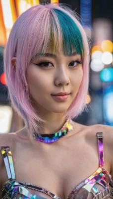 1girl,solo,breasts,looking at viewer,smile,short hair,bangs,cleavage,bare shoulders,brown eyes,medium breasts,closed mouth,underwear,collarbone,upper body,pink hair,multicolored hair,choker,bra,blurry,black eyes,two-tone hair,lips,streaked hair,depth of field,blurry background,realistic,jewelry,blue hair,artist name,blunt bangs,eyelashes,makeup,watermark,lipstick,portrait,web address,cyberpunk