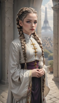 1girl,solo,long hair,breasts,looking at viewer,blue eyes,brown hair,long sleeves,dress,jewelry,medium breasts,standing,braid,cowboy shot,earrings,outdoors,parted lips,sky,day,artist name,cloud,wide sleeves,white dress,twin braids,blue sky,lips,own hands together,plant,building,hair over shoulder,forehead,gold trim,potted plant,wall,pillar,castle,arch,blonde hair,makeup,cross,realistic,nose,red lips