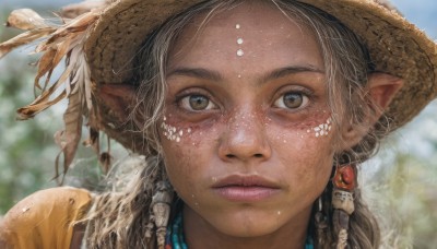 1girl,solo,long hair,looking at viewer,brown hair,hat,brown eyes,jewelry,closed mouth,braid,earrings,outdoors,day,pointy ears,dark skin,necklace,blurry,dark-skinned female,lips,depth of field,blurry background,hair tubes,feathers,elf,portrait,close-up,freckles,realistic,nose,straw hat,hat feather,hair ornament,eyelashes,facial mark,feather hair ornament