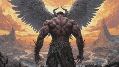 solo,black hair,1boy,standing,male focus,outdoors,wings,horns,sky,pants,cloud,fingernails,muscular,abs,cloudy sky,pectorals,muscular male,demon horns,bara,feathered wings,large pectorals,black wings,veins,topless male,mountain,demon,demon boy,spread wings,facial hair,scenery,demon wings,sunset,angel,giant,multiple wings,orange sky