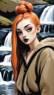 1girl,solo,long hair,breasts,looking at viewer,blue eyes,jewelry,upper body,earrings,outdoors,hood,water,hair bun,orange hair,lips,coat,grey eyes,eyelashes,hoodie,makeup,single hair bun,thick eyebrows,hood down,lipstick,eyeshadow,hoop earrings,rock,nose,red lips,eyeliner,mascara,black lips,blush,parted lips,mole,piercing,ear piercing,forehead,freckles,waterfall,updo,thick lips