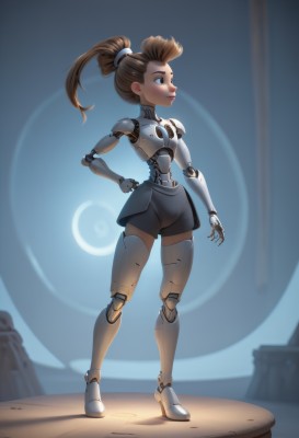 1girl,solo,long hair,smile,brown hair,thighhighs,brown eyes,closed mouth,standing,full body,ponytail,shorts,armor,blurry,high heels,lips,hand on hip,makeup,blurry background,moon,high ponytail,robot,science fiction,nose,android,joints,mechanical arms,cyborg,hair pulled back,robot joints,cyberpunk,mechanical parts,mechanical legs,blue background