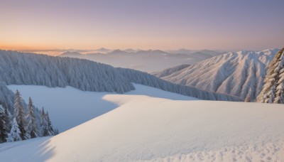 outdoors,sky,day,cloud,tree,blue sky,no humans,nature,scenery,snow,forest,sunset,mountain,winter,bare tree,landscape,mountainous horizon,gradient sky,pine tree,sun,orange sky