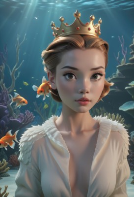 1girl,solo,breasts,looking at viewer,short hair,blonde hair,brown hair,dress,brown eyes,medium breasts,collarbone,upper body,small breasts,parted lips,water,white dress,black eyes,lips,see-through,no bra,sunlight,crown,freckles,fish,light rays,underwater,nose,sunbeam,coral,seaweed,cleavage,eyelashes,makeup,realistic