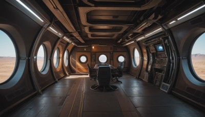 outdoors,day,indoors,no humans,scenery,reflection,science fiction,spacecraft,solo,sitting,sky,blue sky,window,realistic,planet,spacesuit,desert,cockpit