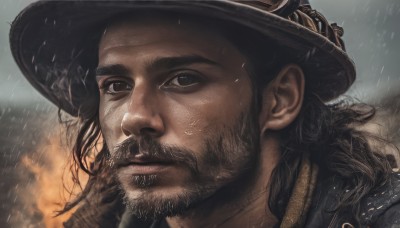 solo,long hair,looking at viewer,brown hair,black hair,1boy,hat,brown eyes,closed mouth,male focus,outdoors,artist name,signature,black eyes,black headwear,facial hair,thick eyebrows,fire,portrait,beard,rain,realistic,mustache,cowboy hat,blurry,lips,blurry background,close-up,snowing,brown headwear,manly